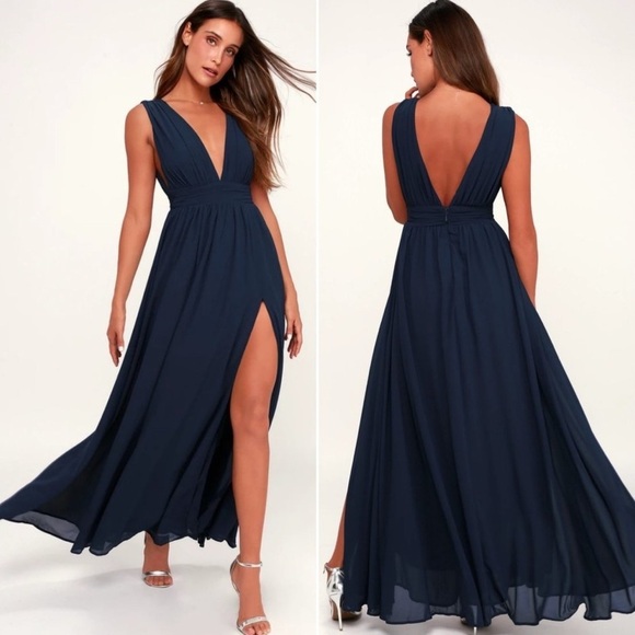 Lulus Heavenly Hues Maxi Dress Gown Deep V Modest Leg Slit Navy Blue Small Prom - Picture 3 of 16